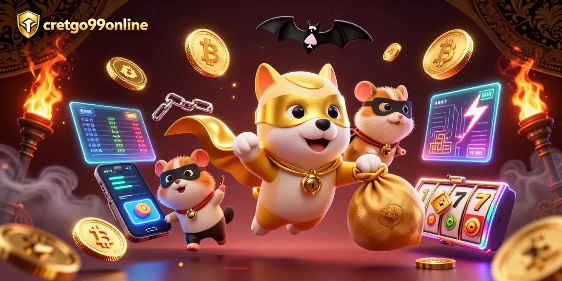 Join the excitement at cretgo99online with a cartoon superhero dog flying amidst golden coins and slots.