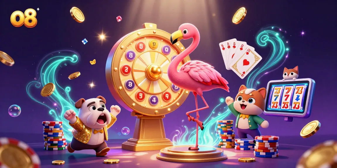 Experience thrilling games at o8 with a vibrant 3D casino scene featuring animated characters and dynamic elements.