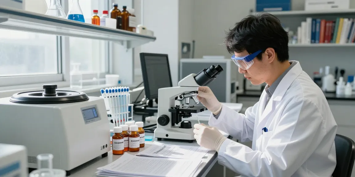 Research scientist in a lab at www.koipeptidescanada.com analyzing peptide samples with advanced equipment and Koi Peptides vials.