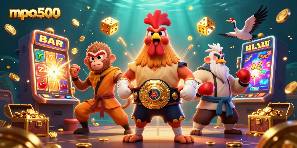 Spin the mpo500 jackpot with a lively scene of characters celebrating wins in a dynamic casino.