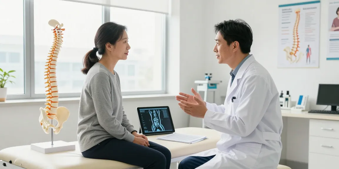 Dar kanal ameliyatı consultation between a surgeon and patient discussing spinal health.