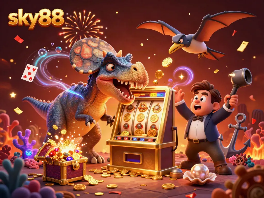 Engaging sky88 illustration of a dinosaur winning jackpots at a casino, amid a vibrant celebration.
