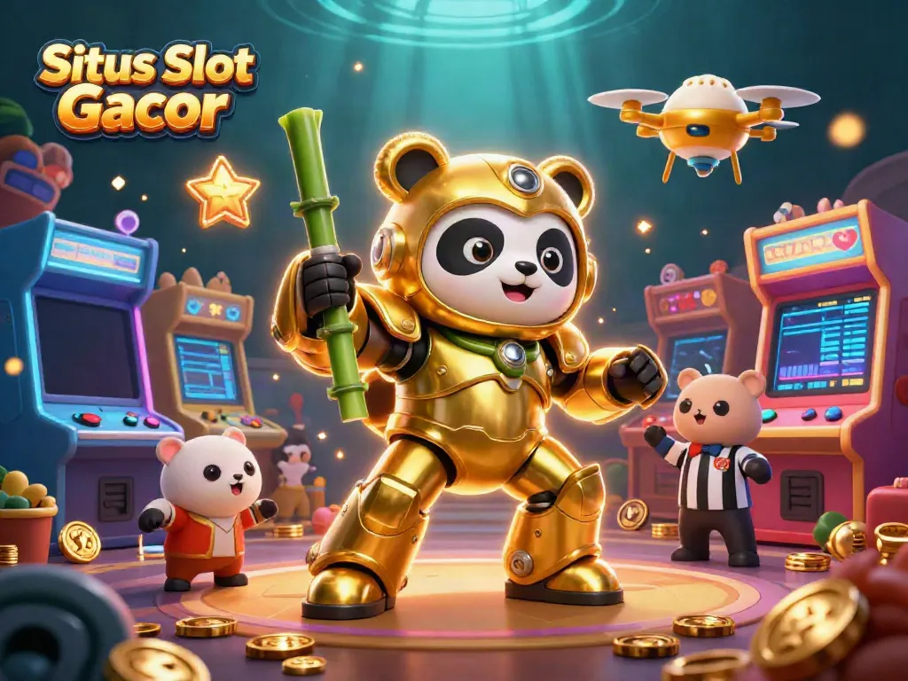 Ilustrasi Situs Slot Gacor dengan panda emas dalam robot tempur dan penonton hewan.