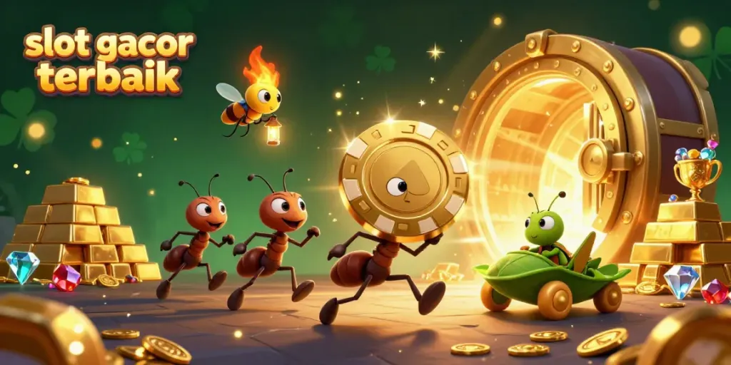 Ant berlari dengan chip poker emas besar dalam perampokan kasino di bawah cahaya rembulan, slot gacor terbaik.