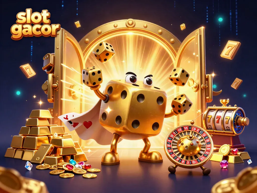 Engaging scene depicting slot gacor with golden dice characters and vibrant casino elements.