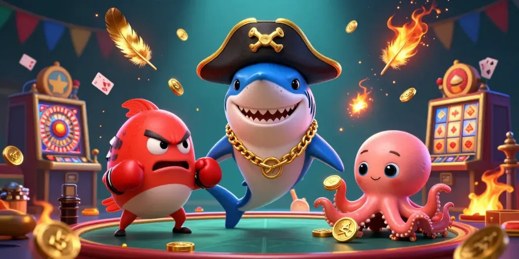 Bujang toto casino illustration featuring a shark, pufferfish, and octopus with gaming elements.