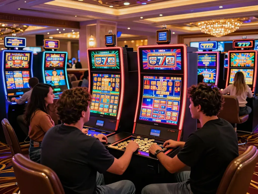 Pengalaman bermain slot777 di kasino dengan berbagai mesin dan pemain merayakan kemenangan.