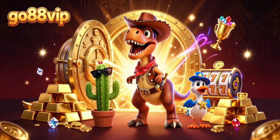 Experience exciting gameplay with go88vip, featuring a cartoon dinosaur, cactus, and rich treasures.