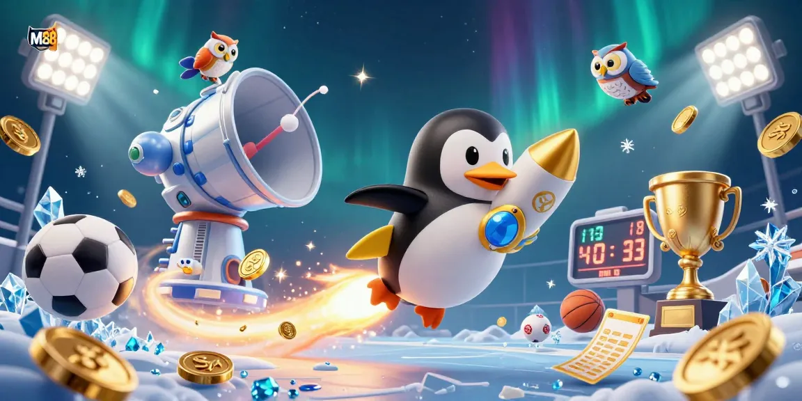 M88 penguin navigating a casino-themed space with glowing sports elements, showcasing thrilling betting action.