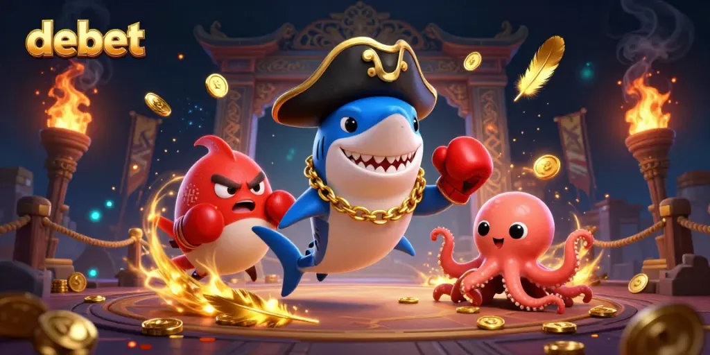 Experience thrilling wins with debet's vibrant 3D casino scene featuring playful characters.