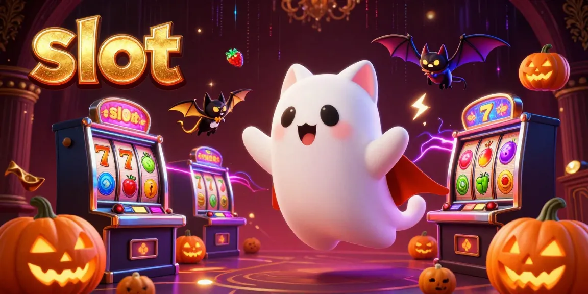 Engaging slot game scene featuring a ghost cat, vampire bat, and glowing jack-o-lanterns in a haunted casino.