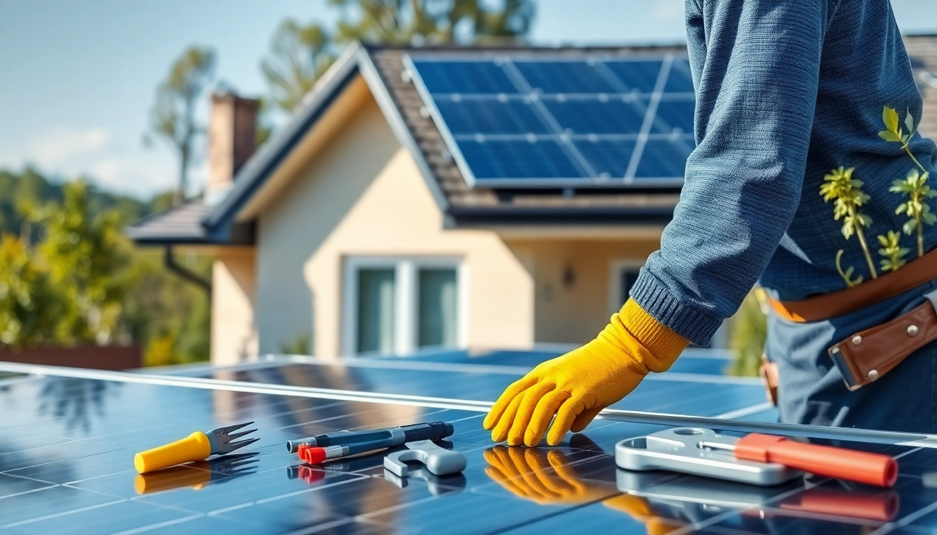 Technician at a solar repair company New Jersey fixing solar panels on a residential roof.