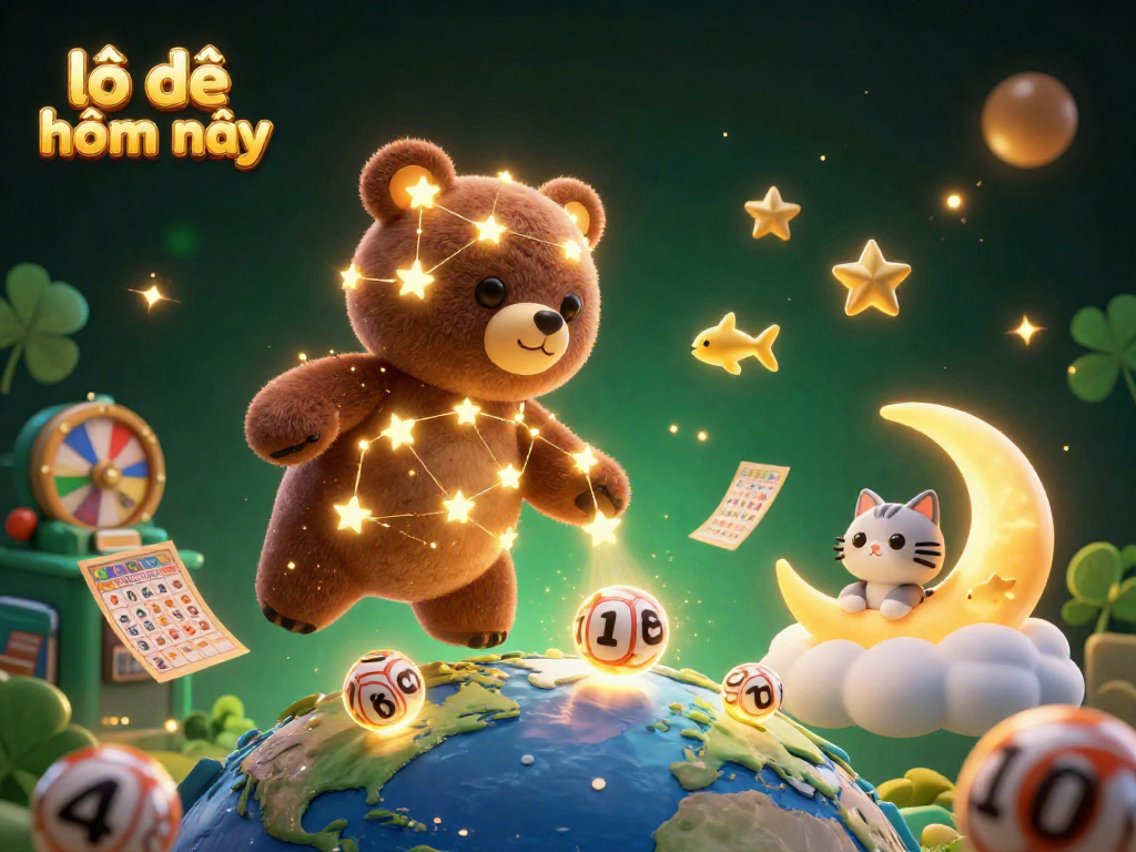 Engage in lô đề hôm nay with vibrant lottery elements and a celestial bear in a cosmic scene.