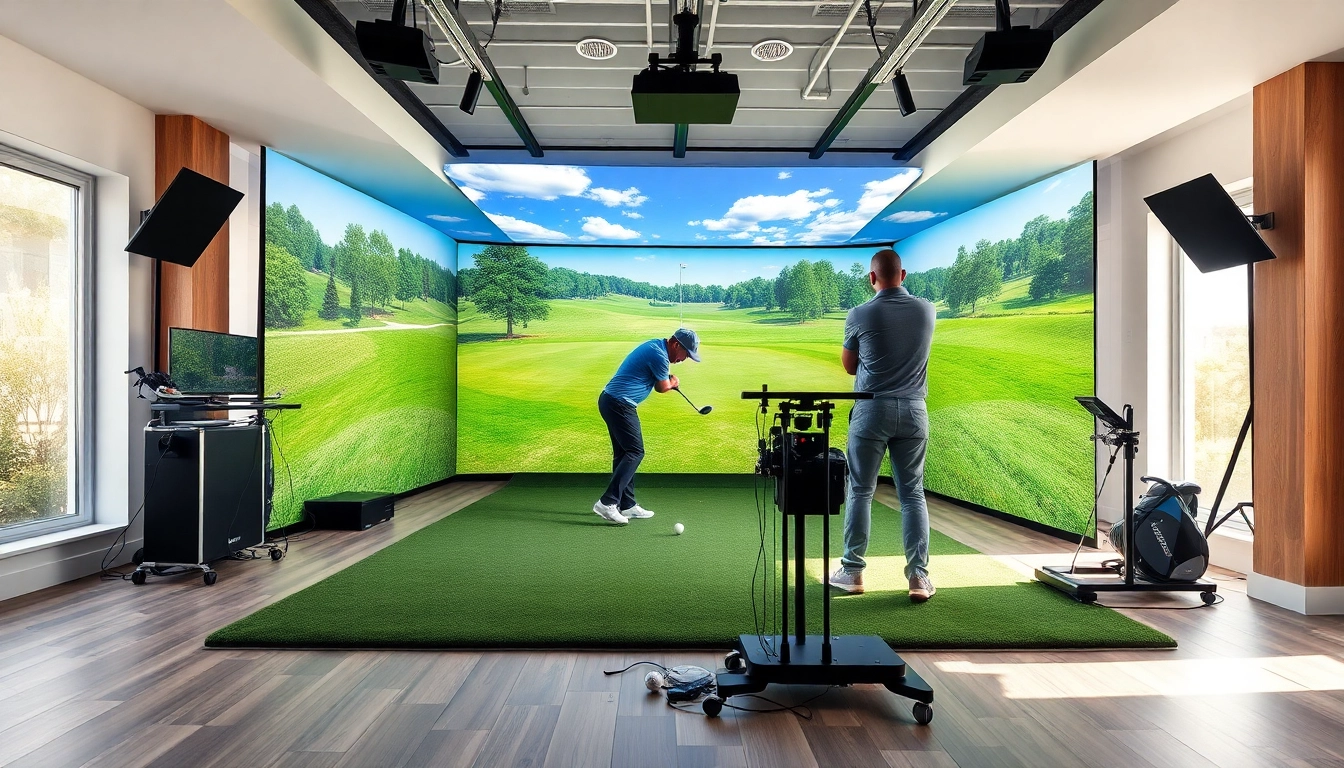 Golf simulator displaying a golfer in action amidst a vibrant indoor space.