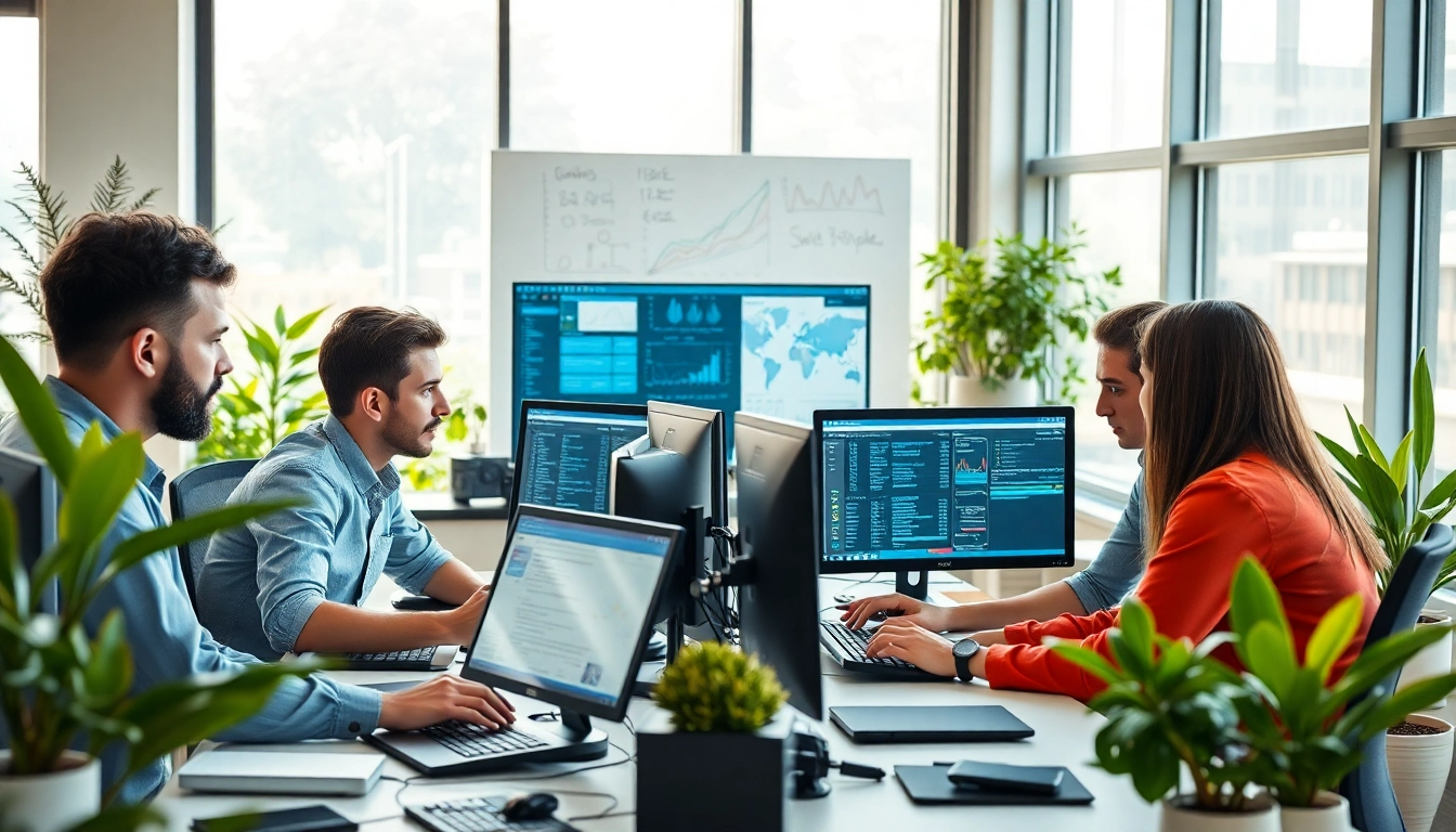 Analyze data on screens in a collaborative office for https://dmeomaha.com Managed IT Services.