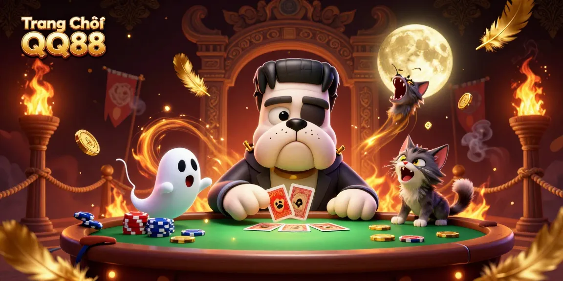 Engage with thrilling gameplay on Trang Chủ QQ88 featuring dynamic casino characters at a spooky gaming table.