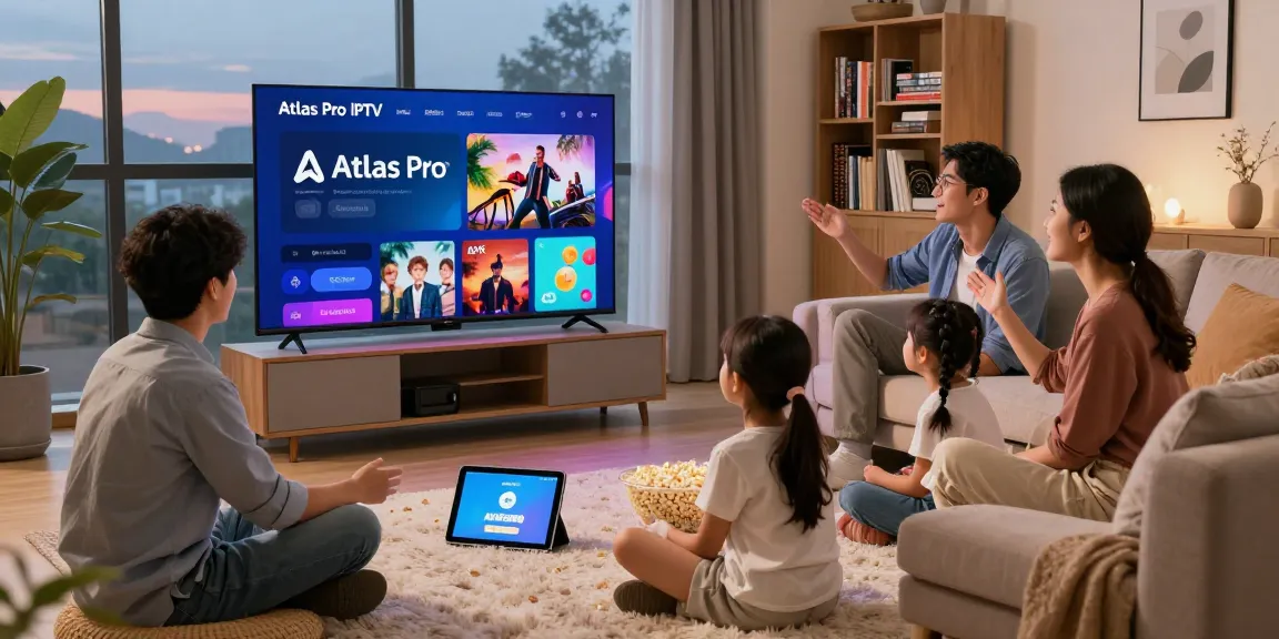 Family enjoying Atlas Pro IPTV streaming service in a cozy living room.